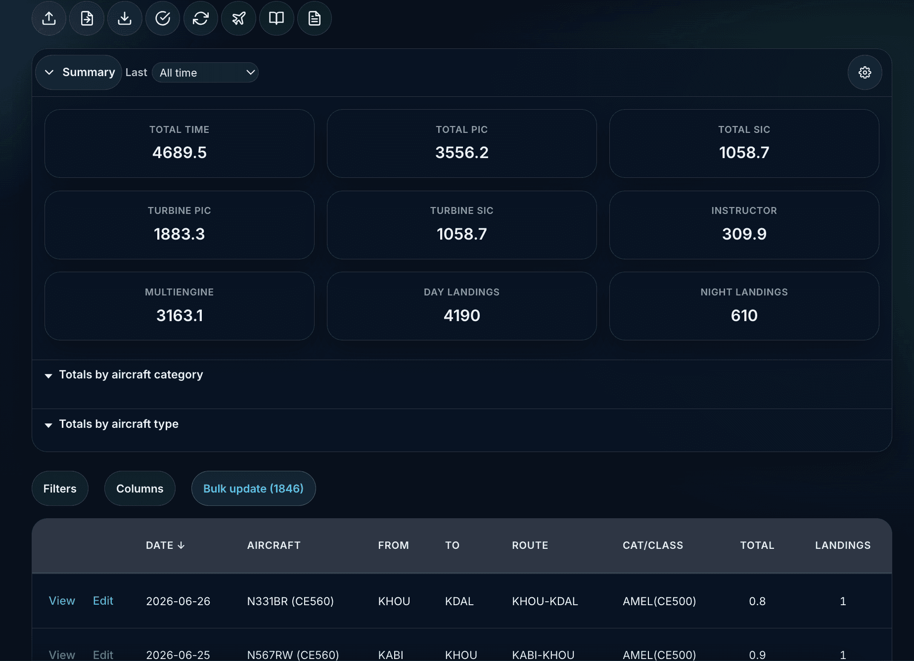 Logbook totals and experience rollups