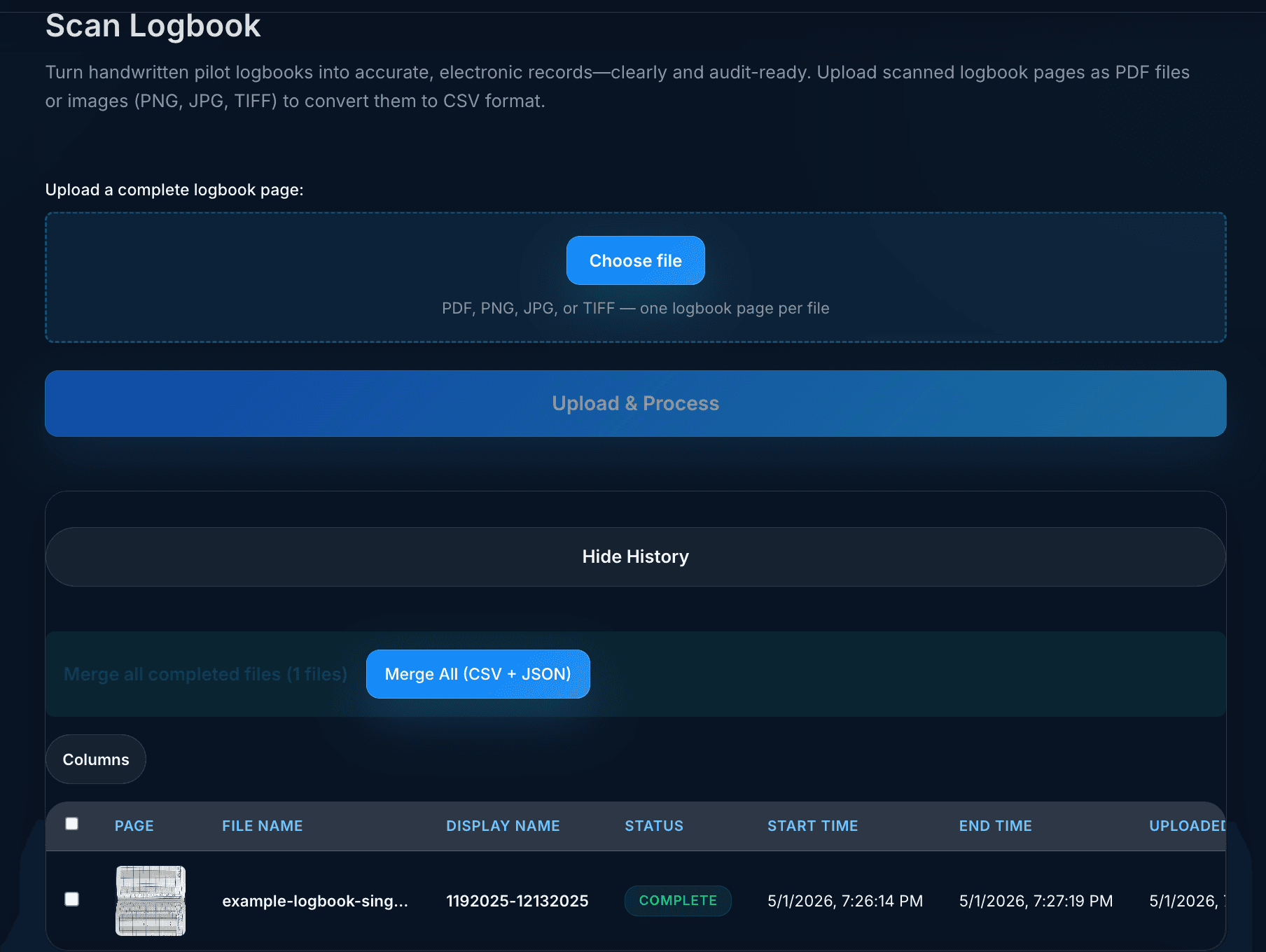Source logbook scan linked to a staged entry